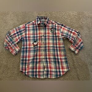 Vintage Plaid Button-Up Shirt with Cartoon Patches.
